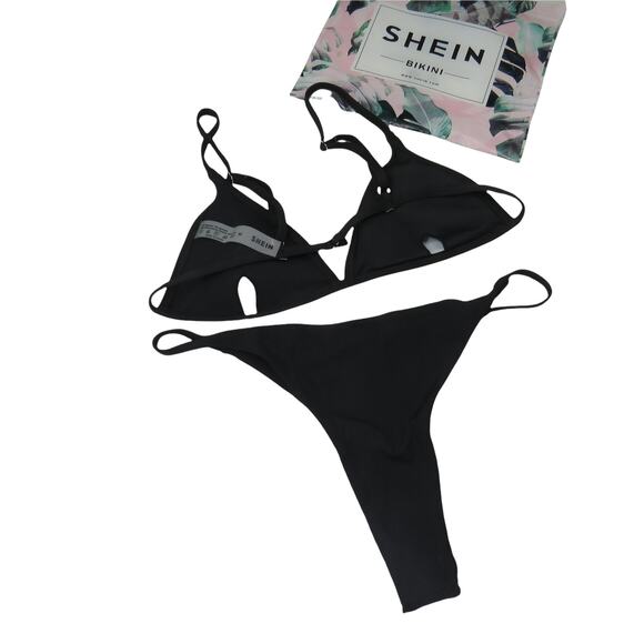 Shein Black Triangle Bikini Mini Thong Triangl Bikini Set Medium - Picture 2 of 5